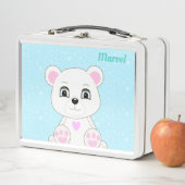 Cute White Polar Beer on Light Blue Metal Lunch Bo (In situ)