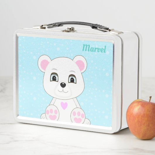 Cute White Polar Beer on Light Blue Metal Lunch Bo (In situ)