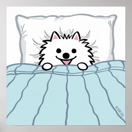 Cute White Pomeranian Dog Tucked in Bed Poster (Voorkant)