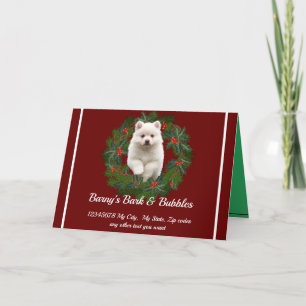 Cute White Pomeranian Dog wreath Holiday Feestdagen Kaart