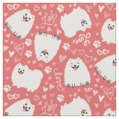 Cute White Pomeranians Pattern met Hearts Pink Stof (Close Up)