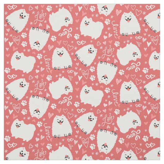 Cute White Pomeranians Pattern met Hearts Pink Stof (Swatch)