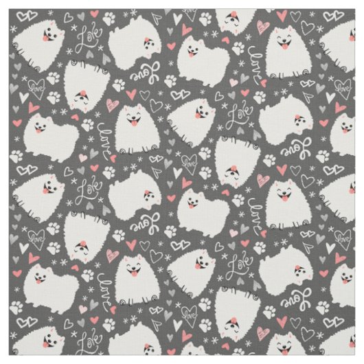 Cute White Pommeren Dogs Pattern met Hearts Stof (Swatch)