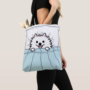Cute White Pommeren, geplukt in Bed Tote Bag