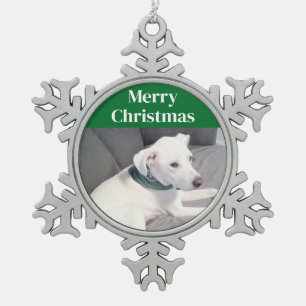 Cute White Puppy Dog met Green Scarf Festive Tin Sneeuwvlok Ornament
