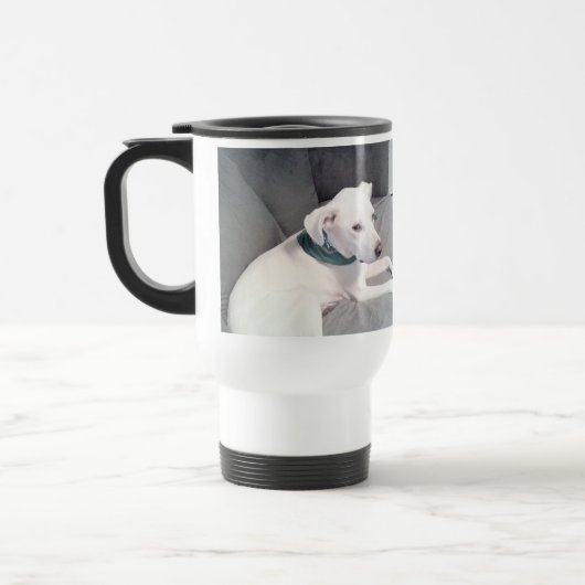 Cute White Puppy Dog met groene scarf Grey Reisbeker (Links)