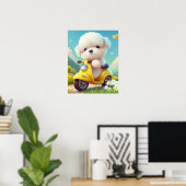 Cute White Puppy Dog op een geel scooter Art Poster (Thuiskantoor)