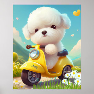 Cute White Puppy Dog op een geel scooter Art Poster