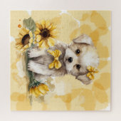 Cute White Puppy Yellow Sunflower Waterverf Legpuzzel (Horizontaal)