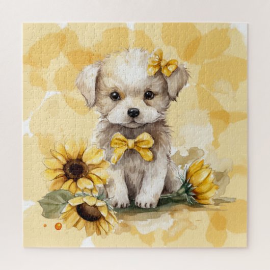 Cute White Puppy Yellow Sunflower Waterverf Legpuzzel (Verticaal)