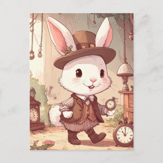 Cute White Rabbit Wonderland Whimsical Timekeeper Briefkaart (Voorkant)