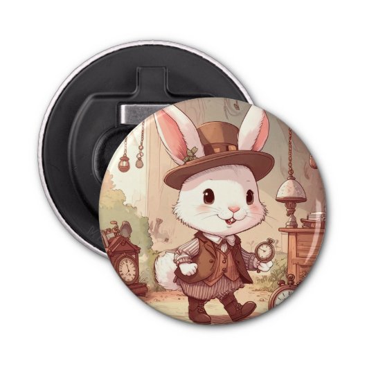 Cute White Rabbit Wonderland Whimsical Timekeeper Button Flesopener (Voorkant)
