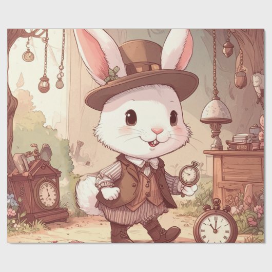 Cute White Rabbit Wonderland Whimsical Timekeeper Cadeaupapier (Vlak)