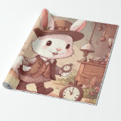 Cute White Rabbit Wonderland Whimsical Timekeeper Cadeaupapier (Uitgerold)