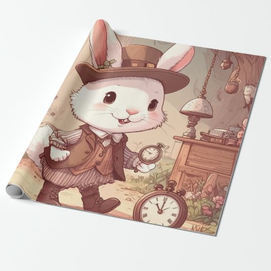 Cute White Rabbit Wonderland Whimsical Timekeeper Cadeaupapier (Uitgerold)