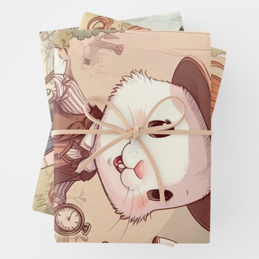 Cute White Rabbit Wonderland Whimsical Timekeeper Inpakpapier Vel (In situ)