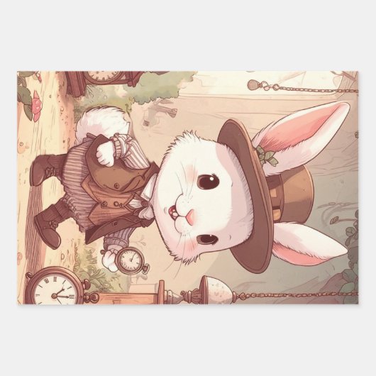 Cute White Rabbit Wonderland Whimsical Timekeeper Inpakpapier Vel (Voorkant)