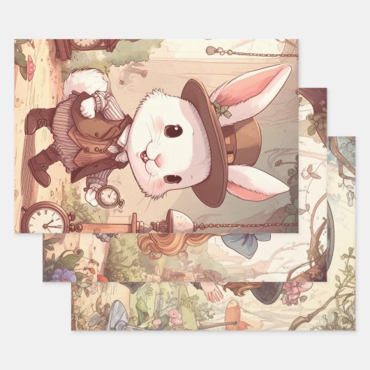 Cute White Rabbit Wonderland Whimsical Timekeeper Inpakpapier Vel (Set)