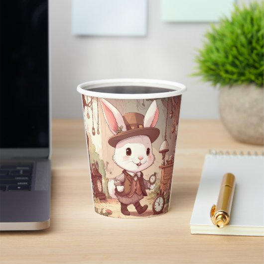 Cute White Rabbit Wonderland Whimsical Timekeeper Papieren Bekers (Insitu)