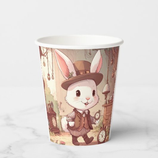 Cute White Rabbit Wonderland Whimsical Timekeeper Papieren Bekers (Achterkant)