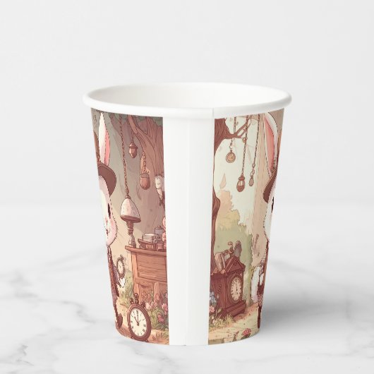 Cute White Rabbit Wonderland Whimsical Timekeeper Papieren Bekers (Rechts)