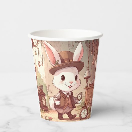 Cute White Rabbit Wonderland Whimsical Timekeeper Papieren Bekers (Voorkant)