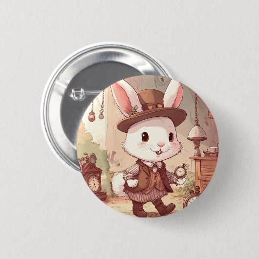 Cute White Rabbit Wonderland Whimsical Timekeeper Ronde Button 5,7 Cm (Voorkant /achterkant)