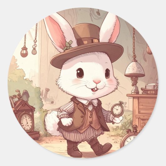 Cute White Rabbit Wonderland Whimsical Timekeeper Ronde Sticker (Voorkant)
