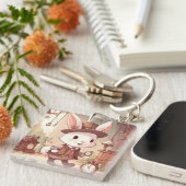 Cute White Rabbit Wonderland Whimsical Timekeeper Sleutelhanger (Voorkant Rechts)