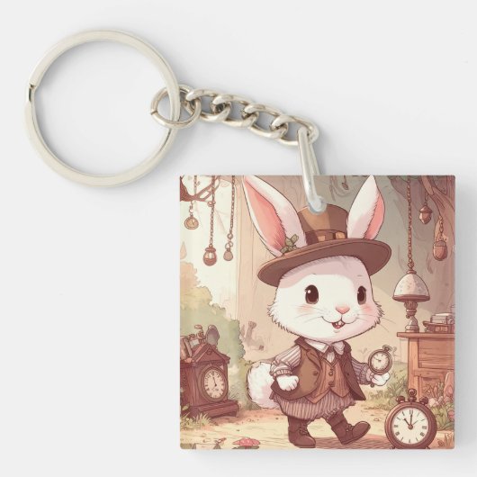 Cute White Rabbit Wonderland Whimsical Timekeeper Sleutelhanger (Voorkant)