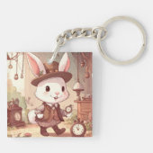Cute White Rabbit Wonderland Whimsical Timekeeper Sleutelhanger (Achterkant)