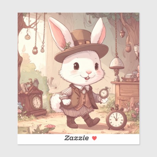 Cute White Rabbit Wonderland Whimsical Timekeeper Sticker (Vel)