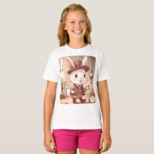 Cute White Rabbit Wonderland Whimsical Timekeeper T-shirt (Voorkant volledig)