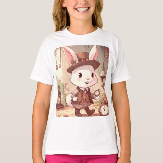 Cute White Rabbit Wonderland Whimsical Timekeeper T-shirt (Voorkant)