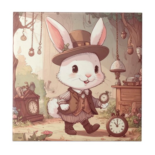 Cute White Rabbit Wonderland Whimsical Timekeeper Tegeltje (Voorkant)