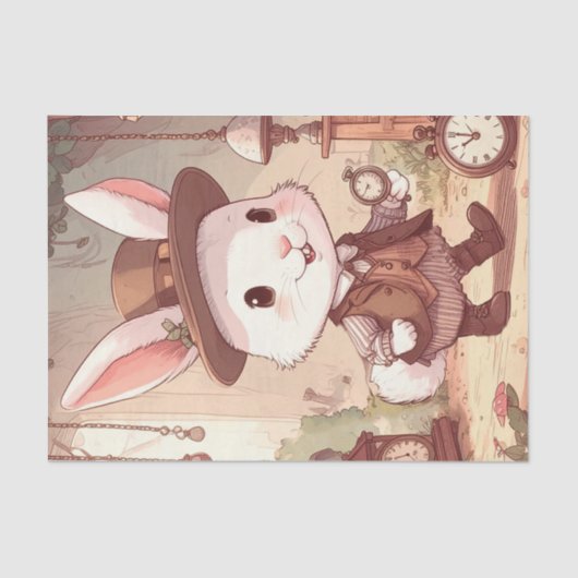 Cute White Rabbit Wonderland Whimsical Timekeeper Tissuepapier (Voorkant)
