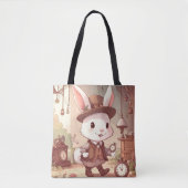Cute White Rabbit Wonderland Whimsical Timekeeper Tote Bag (Voorkant)