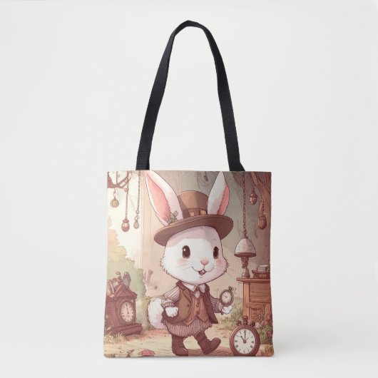 Cute White Rabbit Wonderland Whimsical Timekeeper Tote Bag (Voorkant)