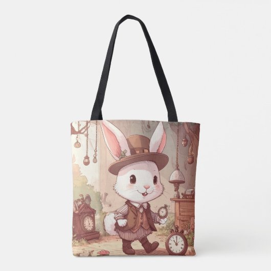 Cute White Rabbit Wonderland Whimsical Timekeeper Tote Bag (Achterkant)