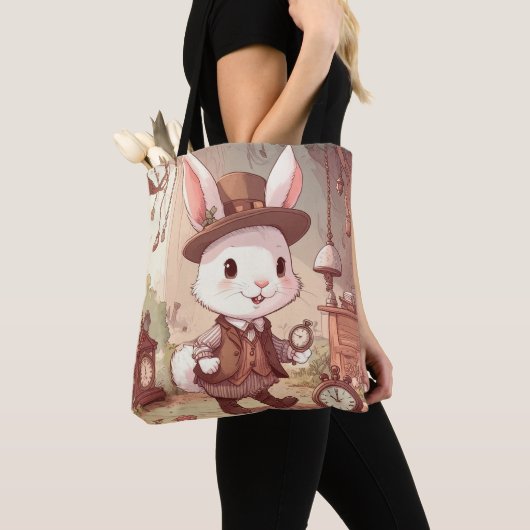 Cute White Rabbit Wonderland Whimsical Timekeeper Tote Bag (Dichtbij)
