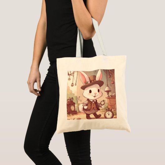 Cute White Rabbit Wonderland Whimsical Timekeeper Tote Bag (Voorkant (product))