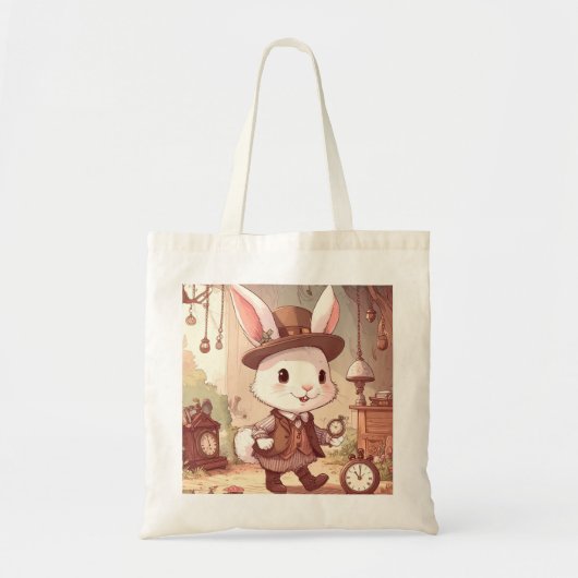 Cute White Rabbit Wonderland Whimsical Timekeeper Tote Bag (Voorkant)