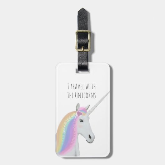Cute White Rainbow Unicorn Pink Magic Bagagelabel (Voorkant verticaal)