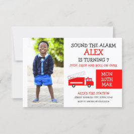 Cute White & Red Kinder Photo Firetruck Birthday Kaart
