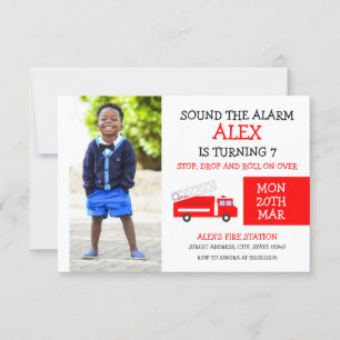 Cute White & Red Kinder Photo Firetruck Birthday Kaart