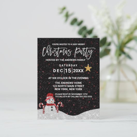 Cute White Red Snowman Night Sky Glitter Kerstmis Feestdagenkaart (Staand voorkant)
