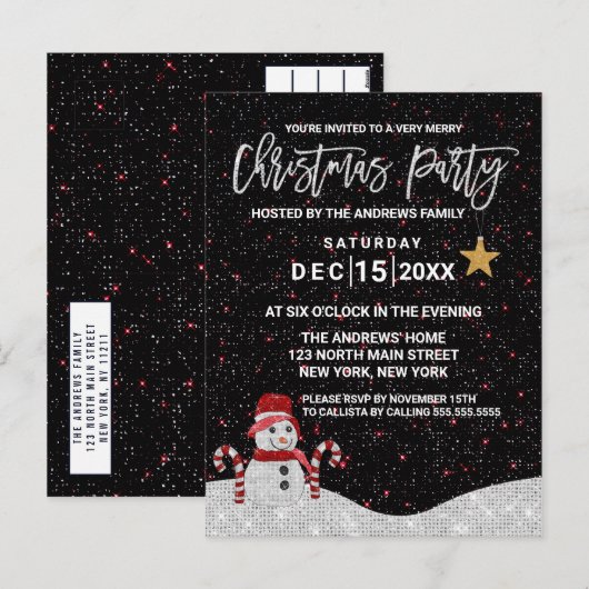 Cute White Red Snowman Night Sky Glitter Kerstmis Feestdagenkaart (Voorkant / Achterkant)