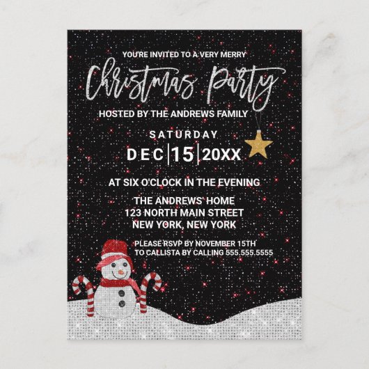 Cute White Red Snowman Night Sky Glitter Kerstmis Feestdagenkaart (Voorkant)