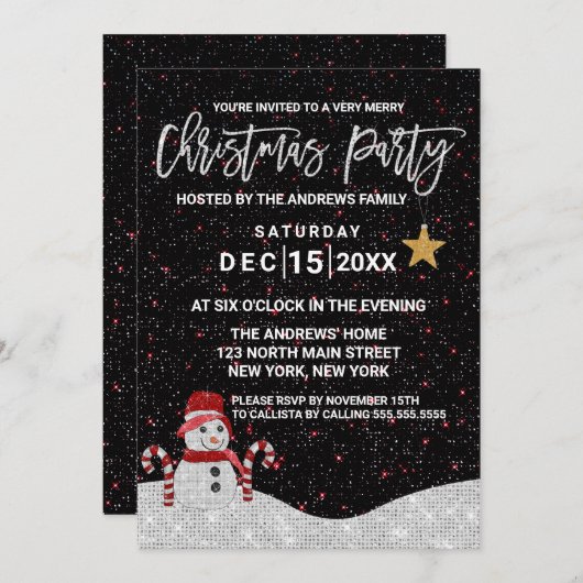 Cute White Red Snowman Night Sky Glitter Kerstmis Kaart (Voorkant / Achterkant)