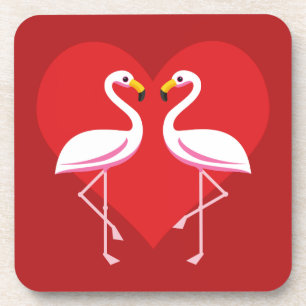 Cute White roze flamingos met rood hart Bier Onderzetter